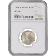 Norwegen 50 Öre 1918, NGC MS64, "König Haakon VII (1906 - 1957)"