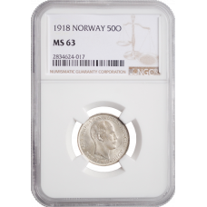 Norwegen 50 Öre 1918, NGC MS63, "König Haakon VII (1906 - 1957)"