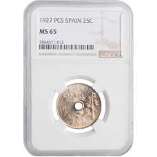 Spain 25 centimos 1927, NGC MS65, "King Alfonso XIII (1886 - 1931)" Top Pop