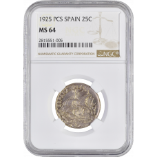 Spain 25 centimos 1925, NGC MS64, "King Alfonso XIII (1886 - 1931)"