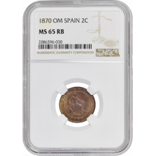 Spain 2 centimos 1870 OM, NGC MS65 RB, "Provisional government (1869 - 1874)"