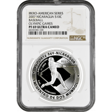 Nicaragua 10 cordobas 2007, NGC PF69 UC, "Ibero-America - Baseball" Top Pop