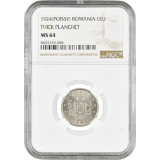 Romania 1 leu 1924 (POISSY), NGC MS64, "King Ferdinand I (1914 - 1927)"