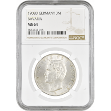 Bavaria 3 mark 1908, NGC MS64, "King Otto I (1886 - 1913)"