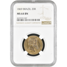 Brazil 20 reis 1869, NGC MS64 BN, "Emperor Pedro II (1831 - 1889)"