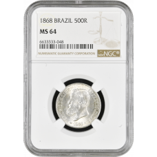 Brazil 500 reis 1868, NGC MS64, "Emperor Pedro II (1831 - 1889)"