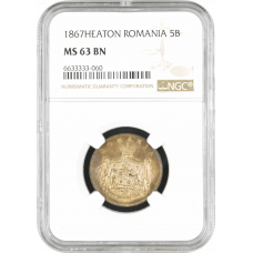 Romania 5 bani 1867 HEATON, NGC MS63 BN, "Domnitor Carol I (1866 - 1881)"