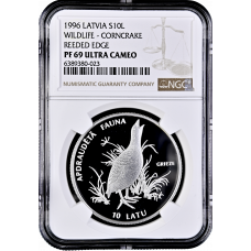 Latvia 10 latu 1996, NGC PF69 UC, "Endangered Animals - Corn Crake" Top Pop