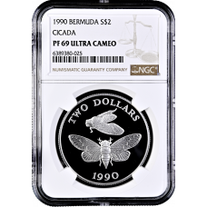 Bermuda 2 dollars 1990, NGC PF69 UC, "Cicada" Top Pop