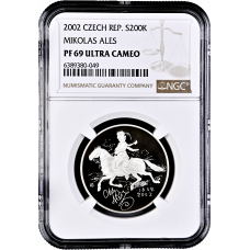 Чехия 200 крон 2002 г., NGC PF69 UC, "150 лет со дня рождения Миколаша Алеша"