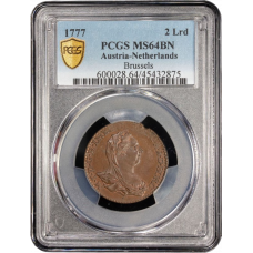 Österreichische Niederlande 2 Liards 1777, PCGS MS64 BN, "Maria Theresa (1740 - 1780)" Top Pop