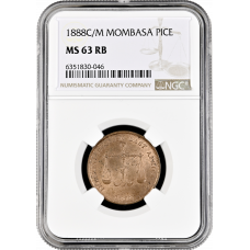 Mombasa 1 pice 1888 CM, NGC MS63 RB, "British East Africa Company (1888 - 1890)"