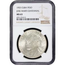 Cuba 1 peso 1953, NGC MS63, "100th Anniversary - Birth of Jose Marti"