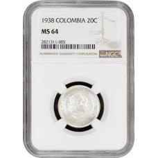 Colombia 20 centavos 1938, NGC MS64, "República de Colombia (1911 - 1989)"