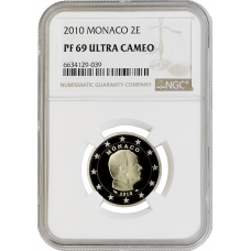 Monaco 2 euro 2010, NGC PR69 UC, "Prince Albert II" Top Pop