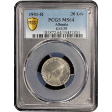 Albania 0.20 lek 1941, PCGS MS64, "Italian occupation (1939 - 1943)"