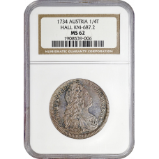 Austria 1/4 thaler 1734 HALL, NGC MS62, "Emperor Charles VI (1711 - 1740)"