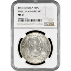 Dominican Republic 1 peso 1955, NGC MS63, "25th Anniver. of the Trujillo Regime"