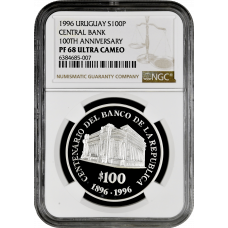 Uruguay 100 pesos 1996, NGC PF68 UC, "100th Anniver. - Central Bank of Uruguay"