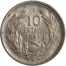 Chile 10 centavos 1941 So, UNC, "Republic of Chile (1899 - 1959)"