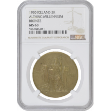 Iceland 2 kronur 1930, NGC MS63, "1000th Anniversary - Althing"