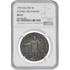 Iceland 5 kronur 1930, NGC MS62, "1000th Anniversary - Althing"