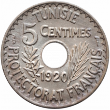 Tunisia 5 centimes AH 1338 (1920), BU, "French protectorate (1890 - 1957)"